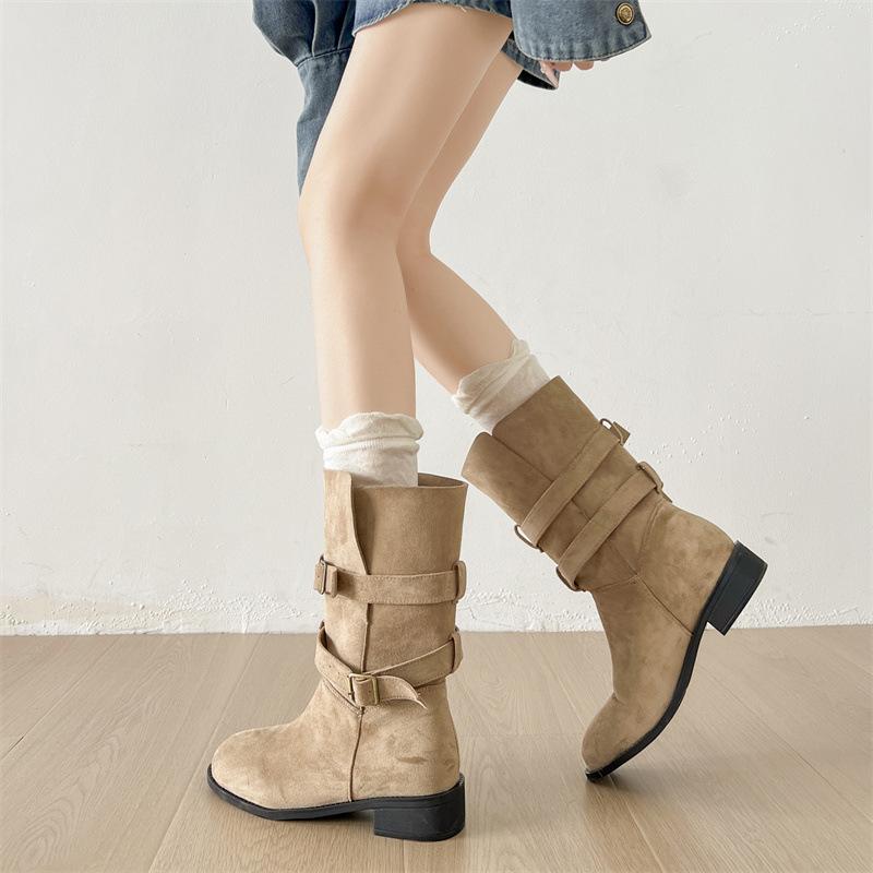 Queen Fan Khaki Retro Dicke Ferse Mittelstiefel Kinder 2025 Neu Herbst mit Rock Schlank Westernstiefel
