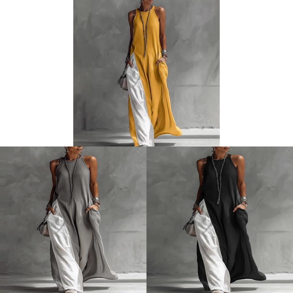 Polyester Splicing Sleeveless Loose Casual Dress With Pockets For Travel And Beach Use