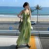 French V-neck green dress women's summer new smudged streamer suspender skirt waist seaside vacation dress