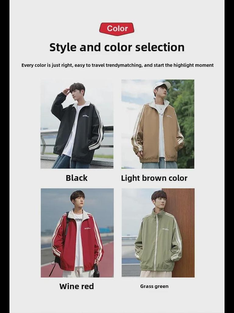 Hong Kong Style Men's Striped Two-Sided Stand-Up Collar Jacket - Casual Loose Fit for Spring and Autumn