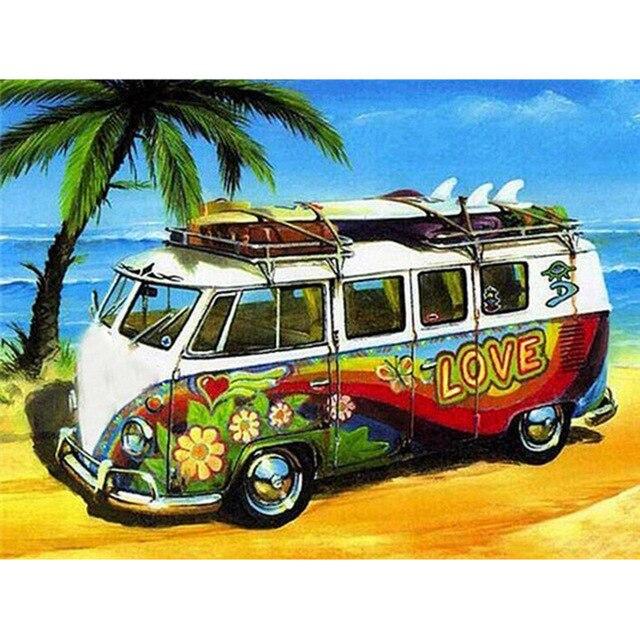 5D-Diamant-Stickerei zum Selbermachen, Bus, Diamant-Gemälde, Kreuzstich, Kunsthandwerk, Diamant-Mosaik-Set, komplett, quadratisch, rund, Strass, Heimdekoration
