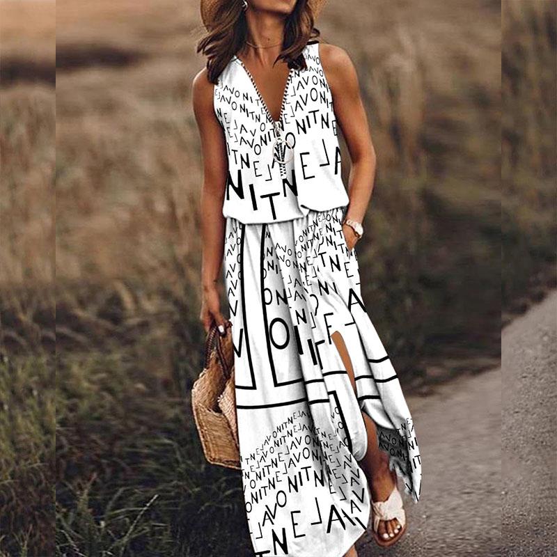 Summer Women Dress Long Sleeveless Casual Ladies Dress Zipper Letter Print Waist