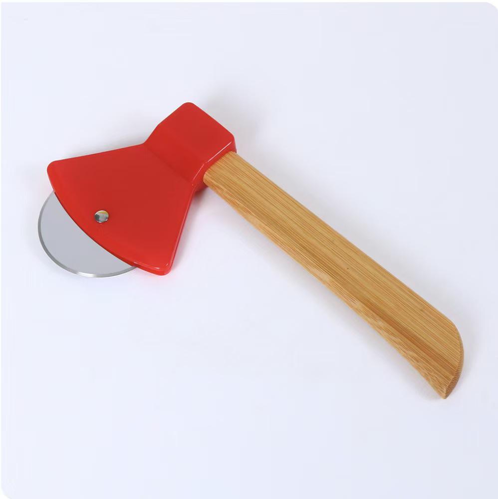 Axe-Shaped Stainless Steel Pizza Cutter with Bamboo Handle