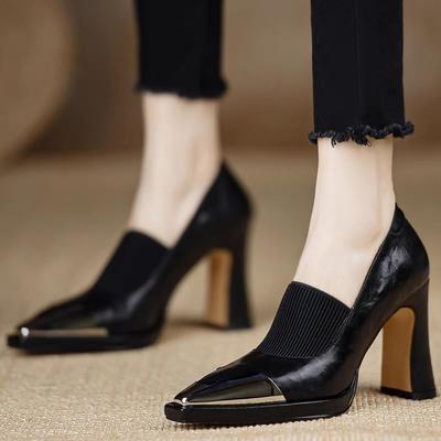 French Splicing High Heels Women's Thick Heel Knitted Square Head Single Shoes Retro Deep Mouth Versatile Single Boots