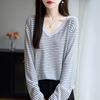 V-neck Double Stripe Color-Block Sweater for Autumn/Winter Fashion