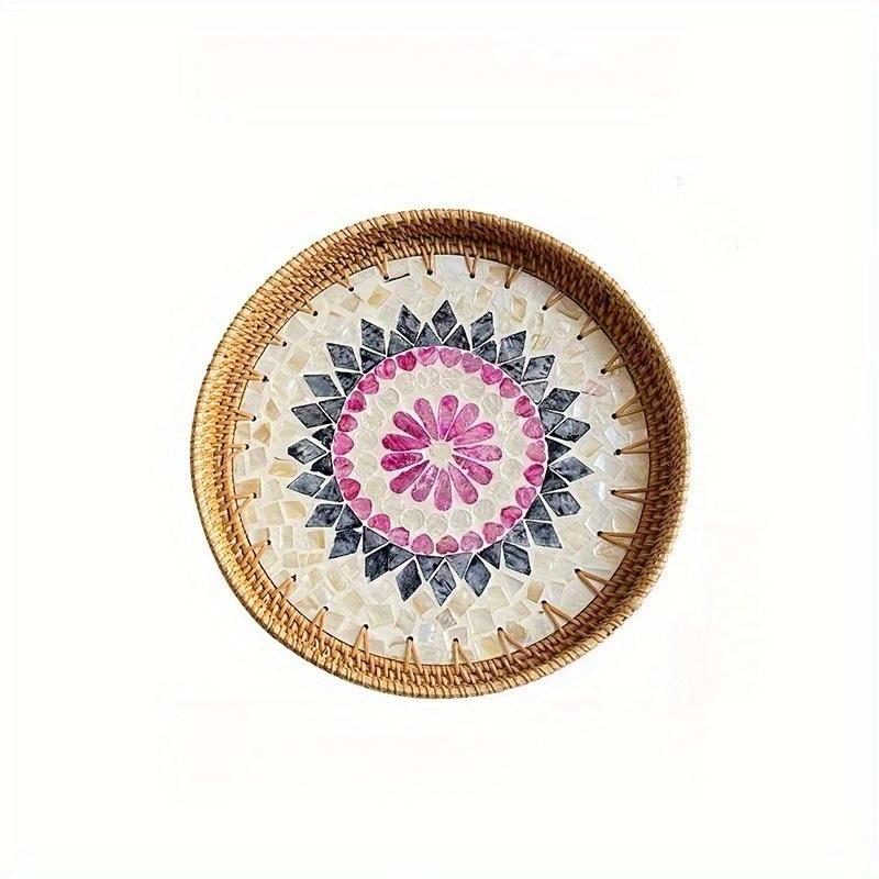 1Pc Handmade Rattan Shell Color Storage Round Picnic Fruit Basket Tray for Outdoor Courtyard Patio Garden