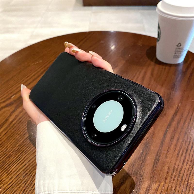Applicable To Huawei Mate60Pro + Electroplated Contrasting Color Plain Leather Mobile Phone Case Mate60 Metal Lens Ring Protective Case
