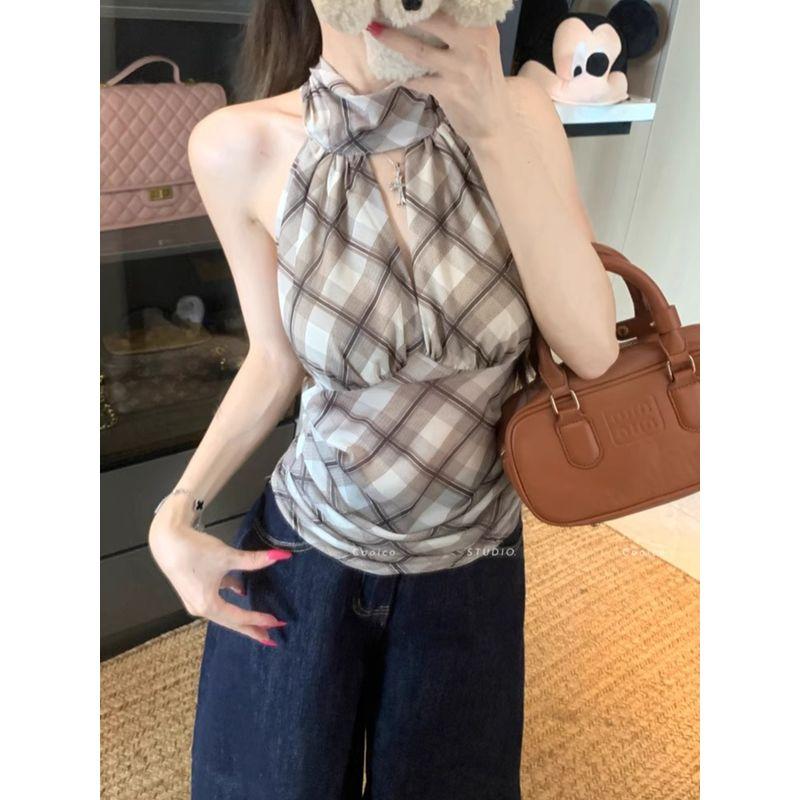 Kumikumi Sexy Gyaru Plaid Hanging Neck Sleeveless Vest Women clothes Summer New Niche Chic Slimming Top