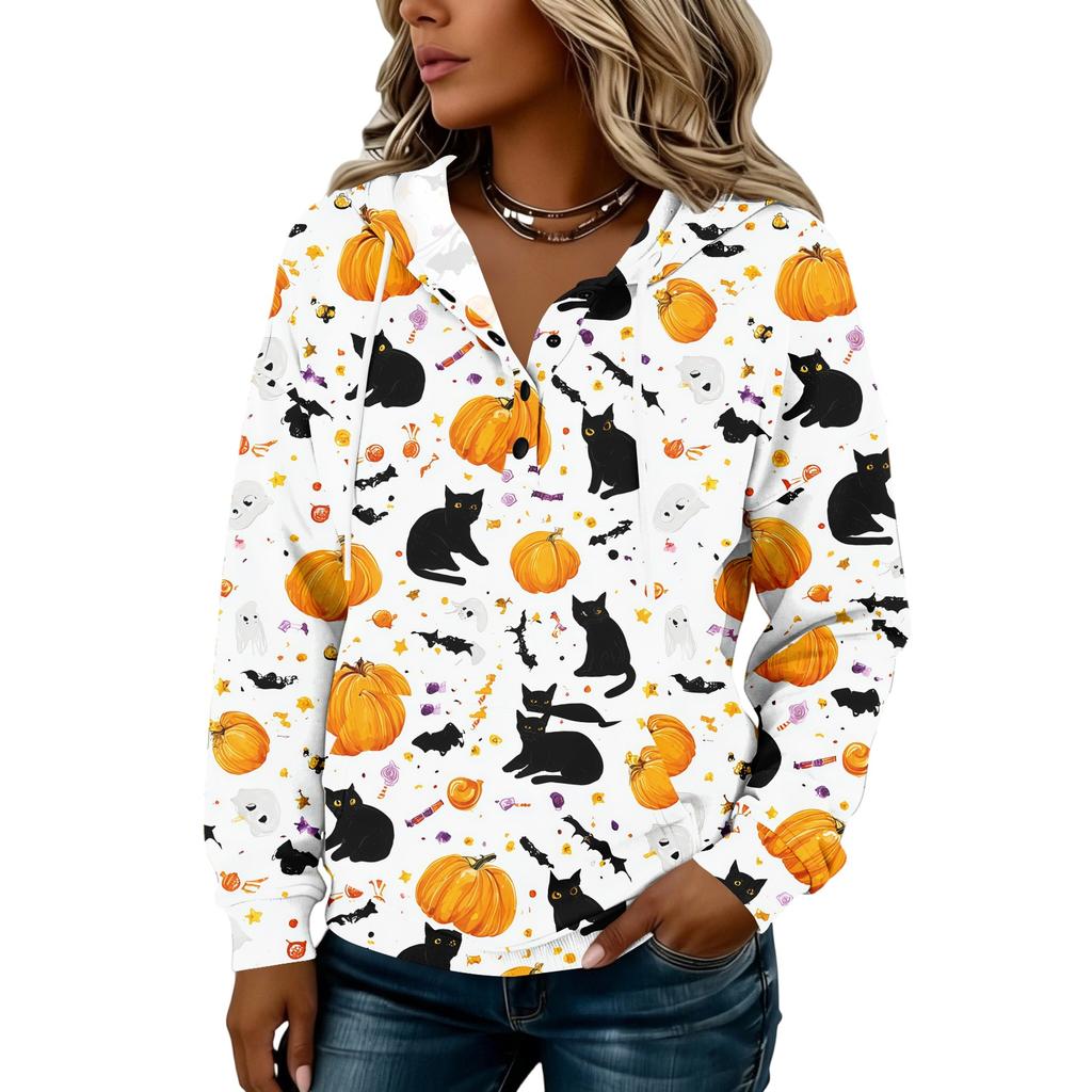 Women's Halloween Print Hoodie Button Front Long Sleeve Sweatshirt