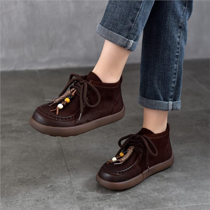 Johnature Genuine Leather Round Toe Lace-up Flat Ankle Boots Casual Versatile Women's Shoes