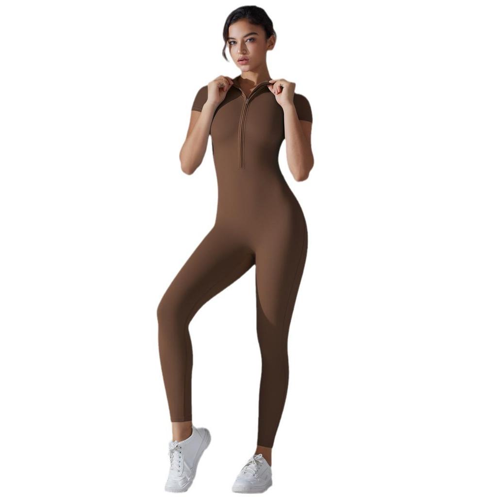 Solid Color Zipper High-Stretch Bodysuit with Short Sleeves and Full-Length Nine-Point Pants for Fitness and Yoga.