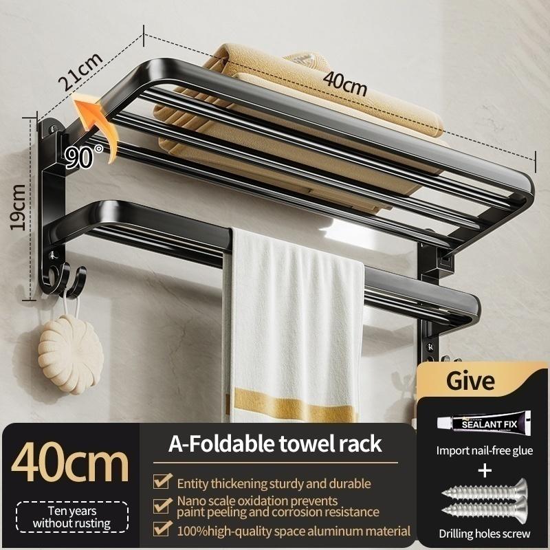No Drill Bathroom Hardware Towel Rack Black 50CM-60CM Folding Aluminum Towel Rack Holder With Hook Towel Holder Tissue Holder