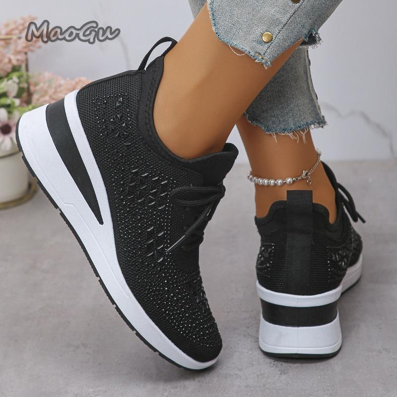 Women'S Shiny Rhinestone Wedge Sneakers Breathable Knit Non Slip Walking Shoes Lace Up 6Cm Heel  Size 36 43