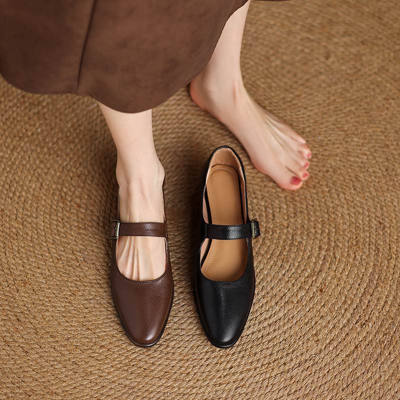 Krazing Pot Sheepskin Autumn Winter Shoes Buckle Straps Low Heels Mary Janes Size 40 Round Toe Brown Color Pumps
