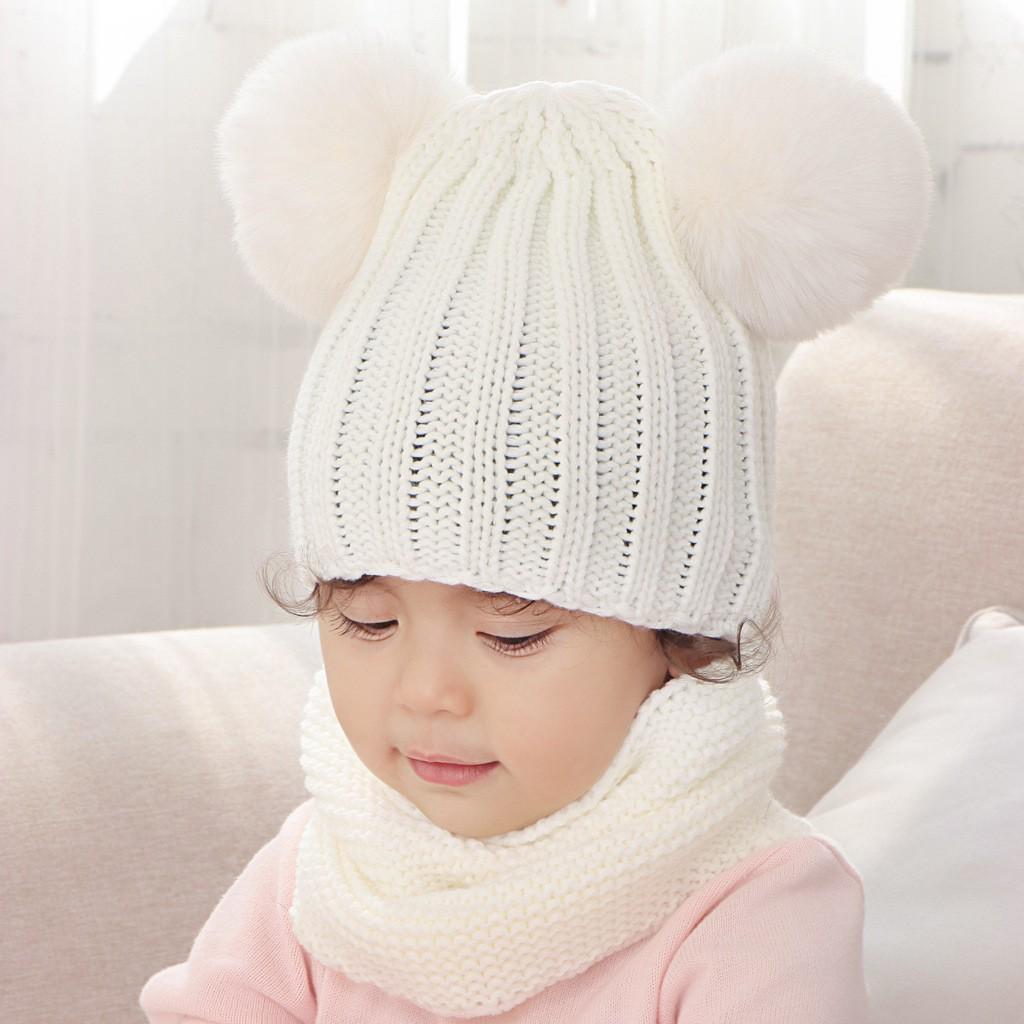 Buy Baby Hat Solid Winter Warm Thread Knit Wrap Double Hair Ball Head