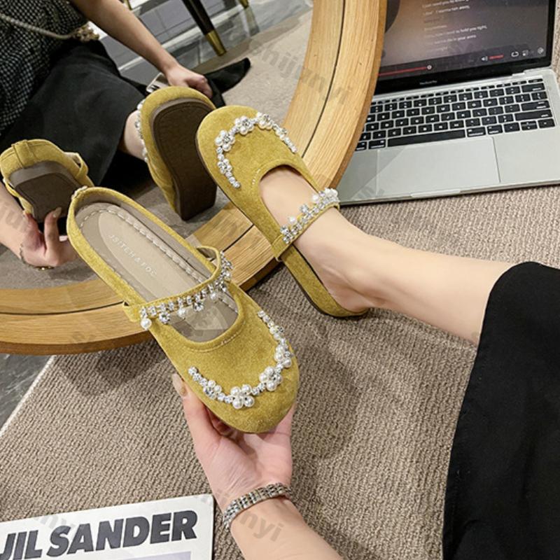 Women Shoes 2025 Summer Fashion Rhinestone Half Drag Shoes Outdoor Vintage Sandals Non Slip Soft Sole Dress Style Mary Jane Shoe