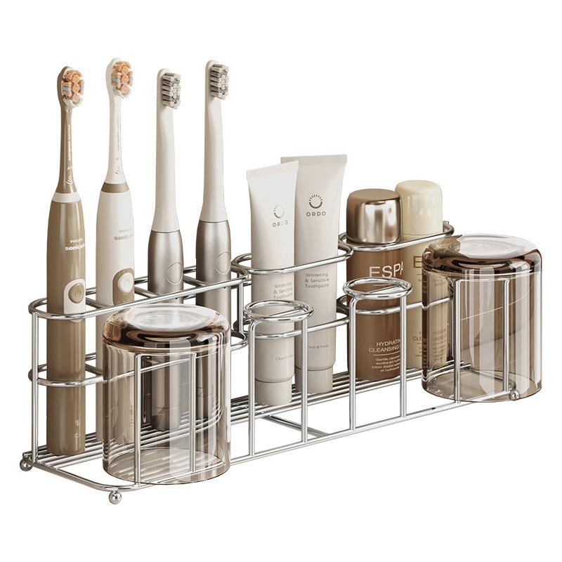 304 Stainless Steel Toothbrush Holder No Punch Bathroom Wall Mounted Toothpaste Mouthwash Cup Organizer