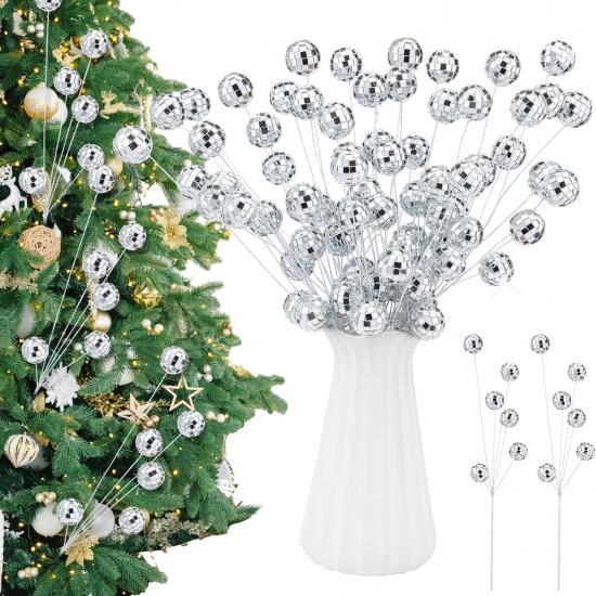 12 Pcs Silver Glitter Ball Picks Mirror Disco Balls New Year 2025 Ornaments Decorations Bulk 14 Inch Decorative Sticks for Vases Tall DIY Glitter