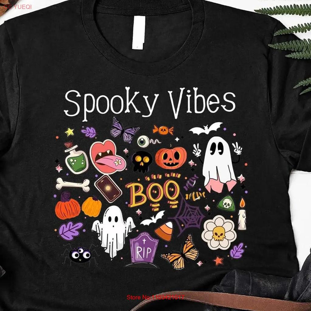 Spooky Vibes Halloween Things T Shirt Doodles GhosT Pumpkin Scary Boo Cute Fall Season vintage Washed Soft streetwear homme