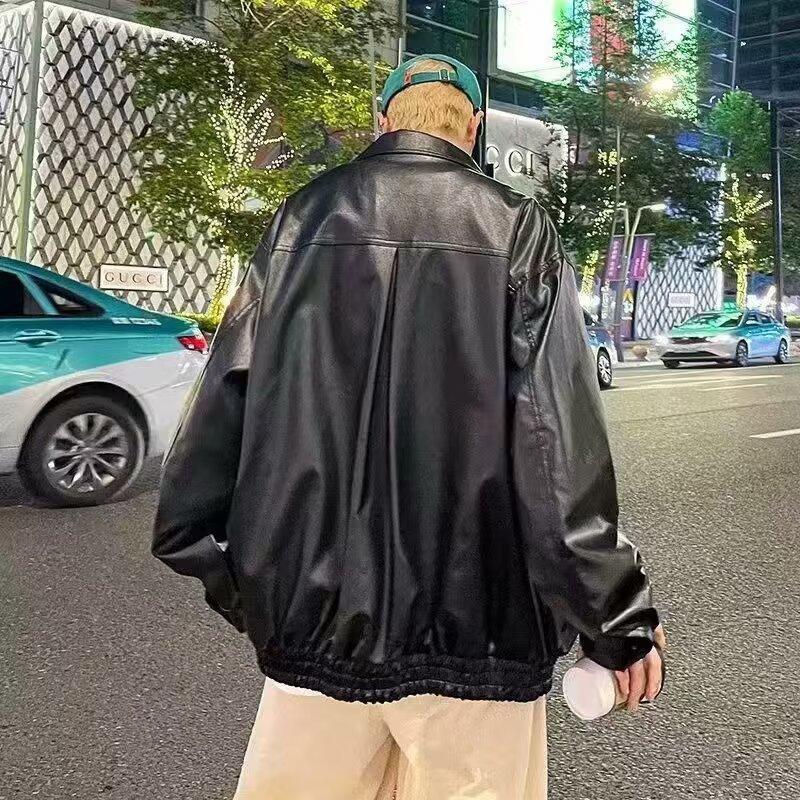 Leather jacket men's new spring and autumn ruffian handsome fried street loose tide brand American high street locomotive pu leather jacket