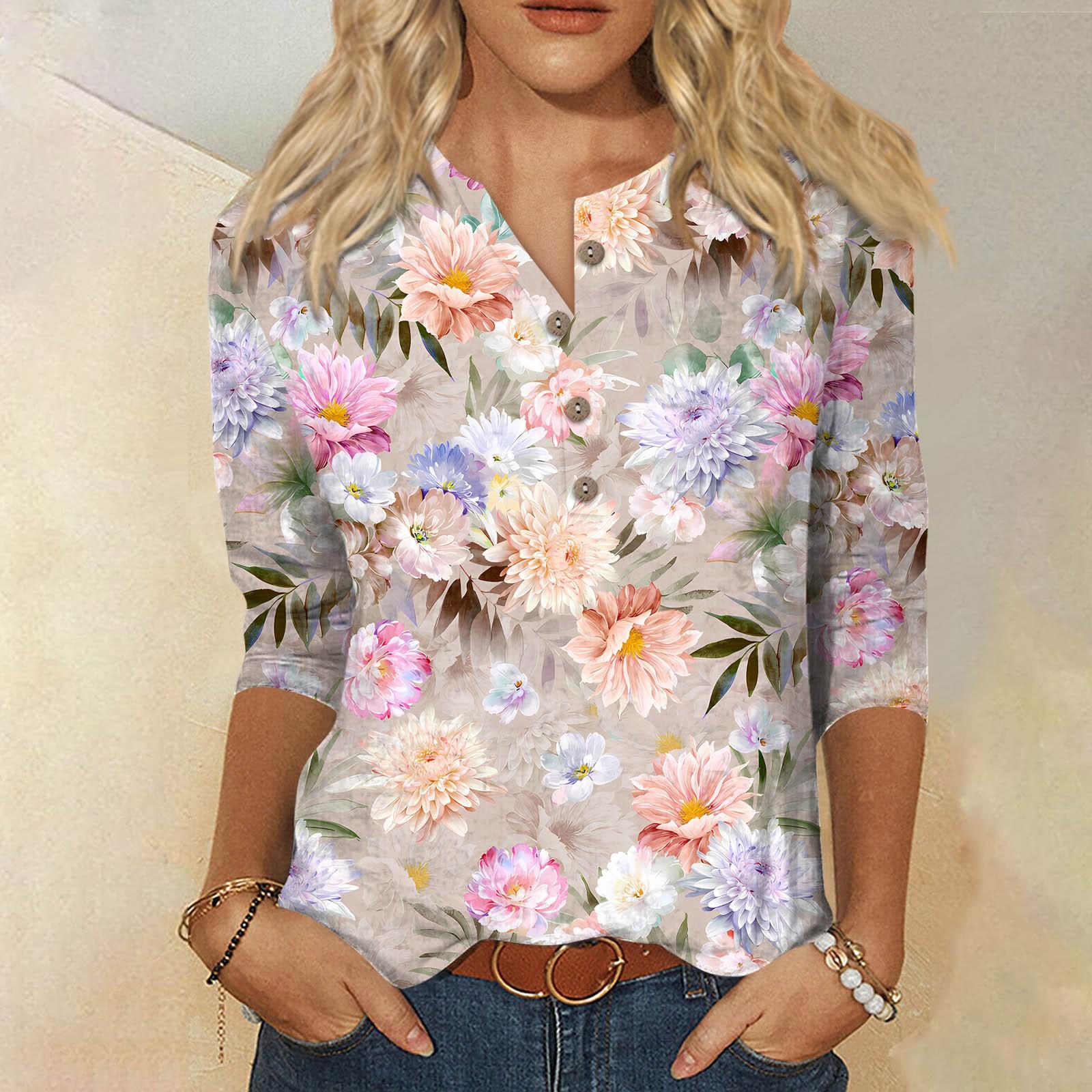 Женская футболка с цветочным принтом и рукавом три четверти — фото 12