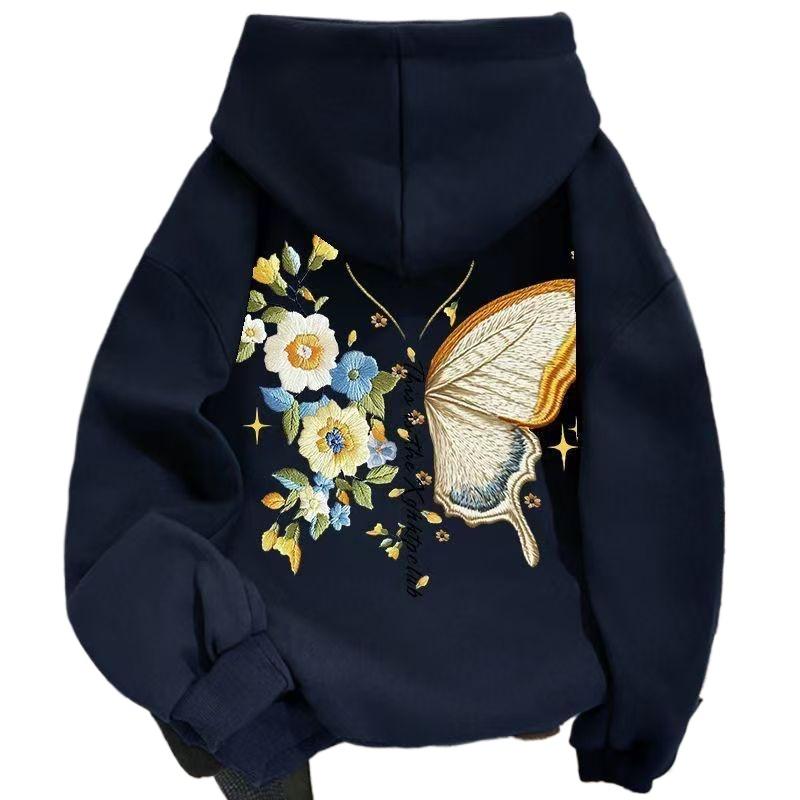 

Ladies Butterfly Printed Fleece Hoodie American Retro Letter Decoration Hooded Coat Winter Loose Fashion Women s Top XXXL темно-синий
