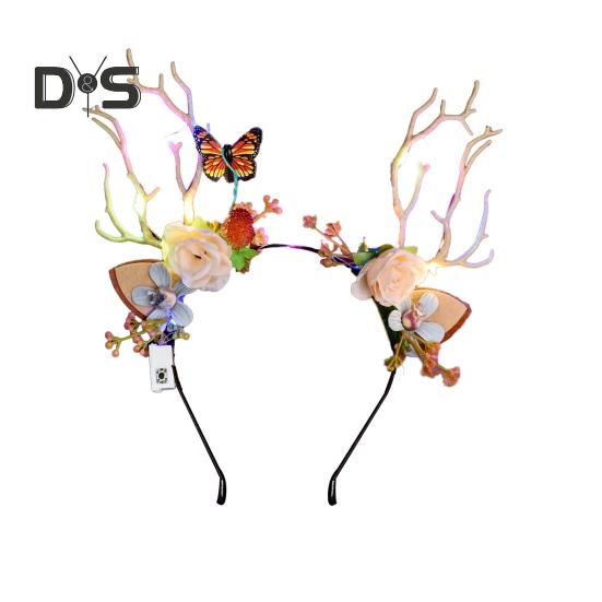 

Рождественский обруч для волос с цветами и бабочками, украшение в виде рогов, светодиодная повязка на голову для вечеринок, выступлений, аксессуаров D