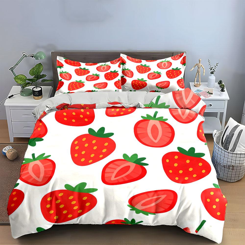 Strawberry Pattern Three-Piece Set Soft Comfortable Duvet Cover Bedding Set Included 1*Duvet Cover & 2*Pillowcases, Gift