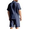 Summer Linen Suit Men's Striped Jacquard Loose Short Sleeve Shirt Beach Shorts Two-piece Set