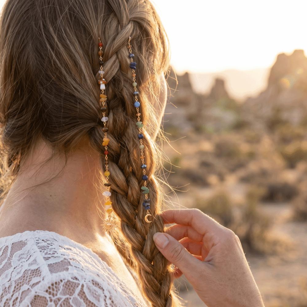 2Pcs Headwear Long Tassel Chain Headdress Multicolored Stone Bead Hair Additions Hair Jewelry