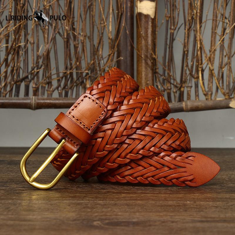 Men's Genuine Leather Braided Belt Cowhide Handmade Woven Pin Buckle Couple's Casual All-match Belt