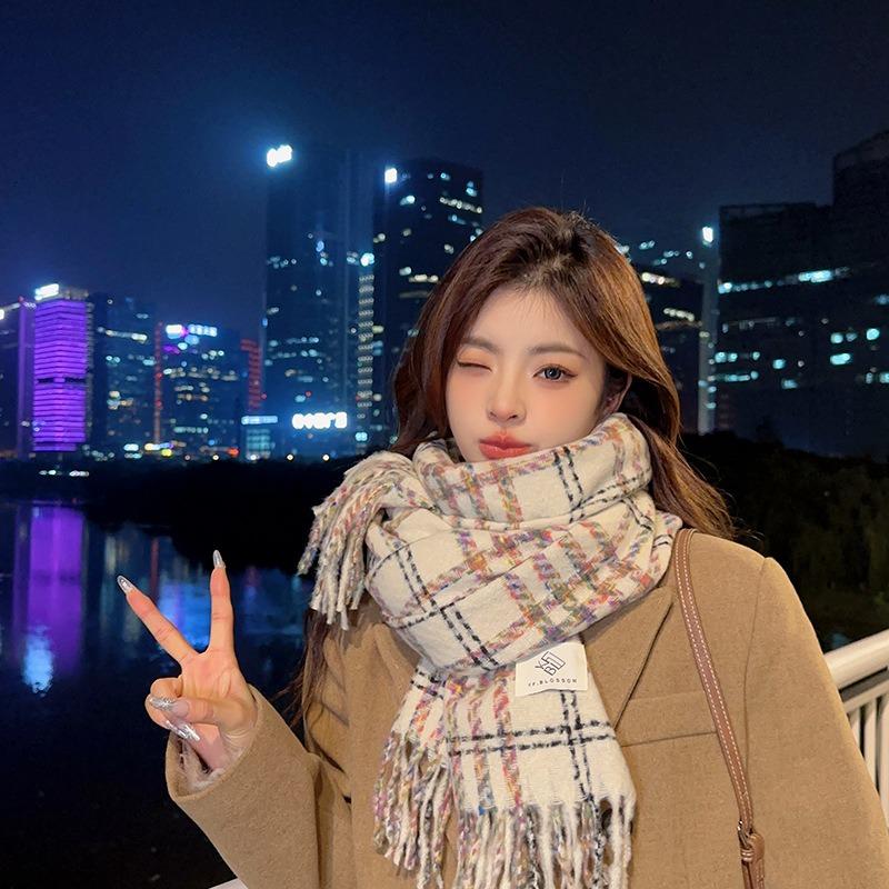 Imitation cashmere scarf women's winter high-end feeling new small fresh plaid thickened warm shawl scarf