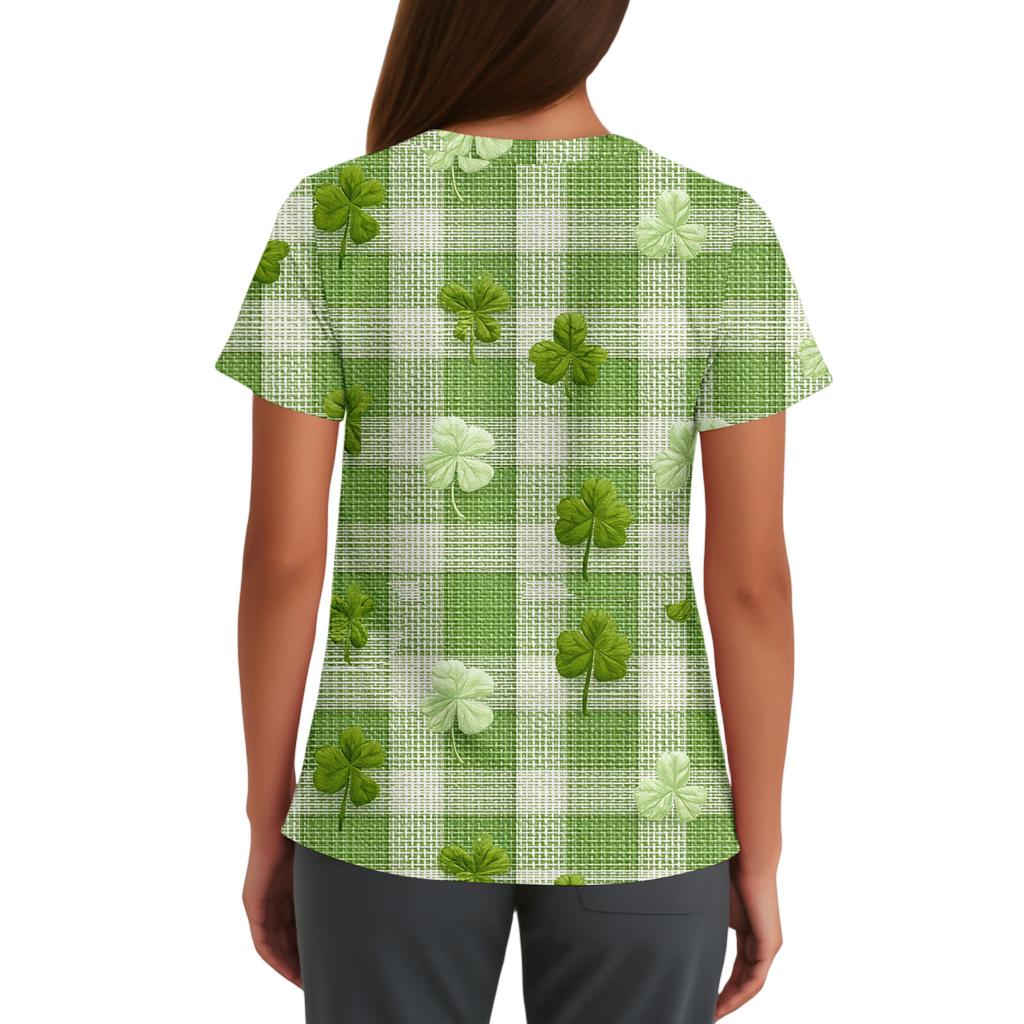 Ladies' St. Patrick Print Fashionable V-neck Pocket Short Sleeved Uniform And Caregiver Top