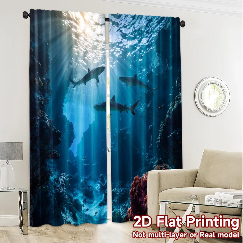Modern Flat Printing Curtains Without Rod Ocean Predators Fashionable Polyester Gifts Set Of 2 Made