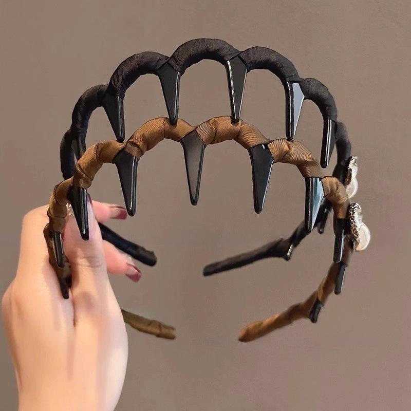 Fashionable Women's Pearl Rhinestone High Crown Wave Headband Anti-slip Hair Clip Head Accessory