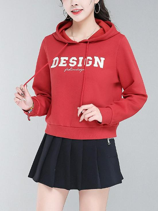 Women's Red Hooded Slimming Sweatshirt with Letter Embroidery - 2026 Autumn Collection, Long Sleeve Short Pullover