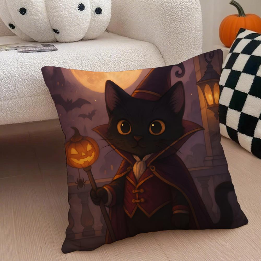 Character Spooky Halloween magic cat Cushion Cover Throw Pillow Cover Hidden Button Durable Polyester Chair Cushion