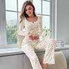 Completo Sexy da Notte da Donna in Pizzo con Pantaloni Floreali a Manica Lunga, Set Due Pezzi Casual Slim Fit