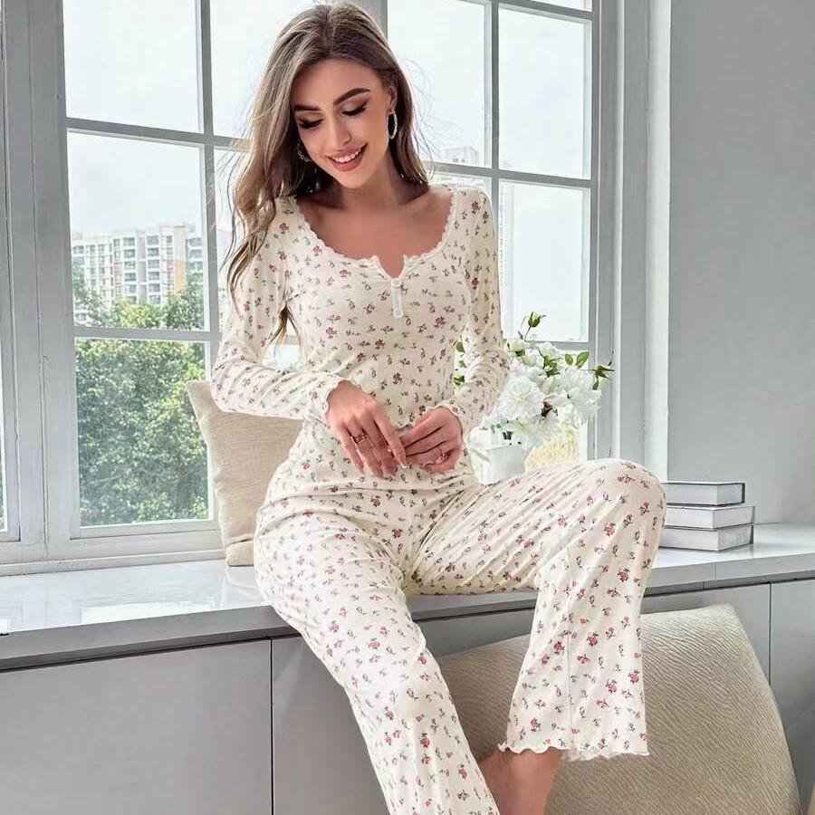 Completo Sexy da Notte da Donna in Pizzo con Pantaloni Floreali a Manica Lunga, Set Due Pezzi Casual Slim Fit