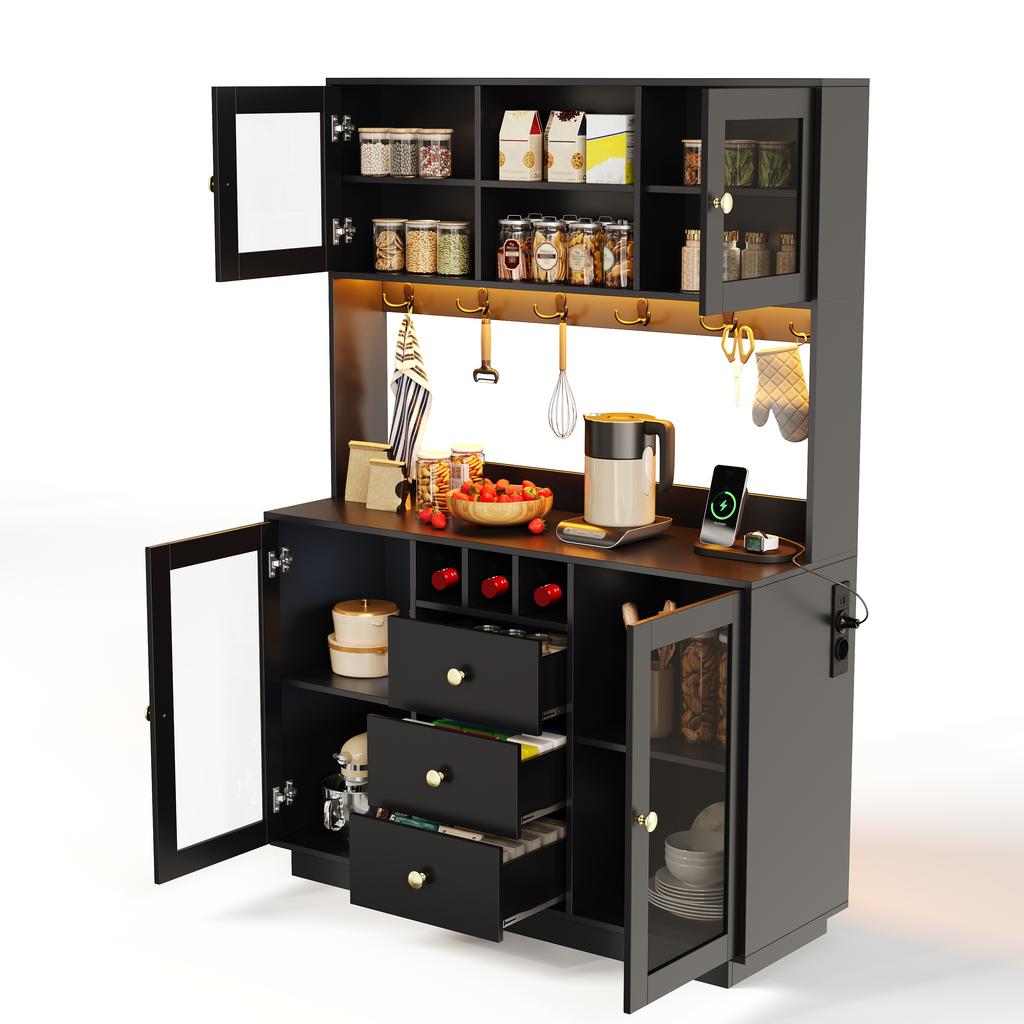 Kitchen Cabinet Tall Storage with LED Lights, Pantry with 3 Drawers and 4 Storage Cabinets, Display for Living Room and Dining Room, 120 × 40 × 170 Cm