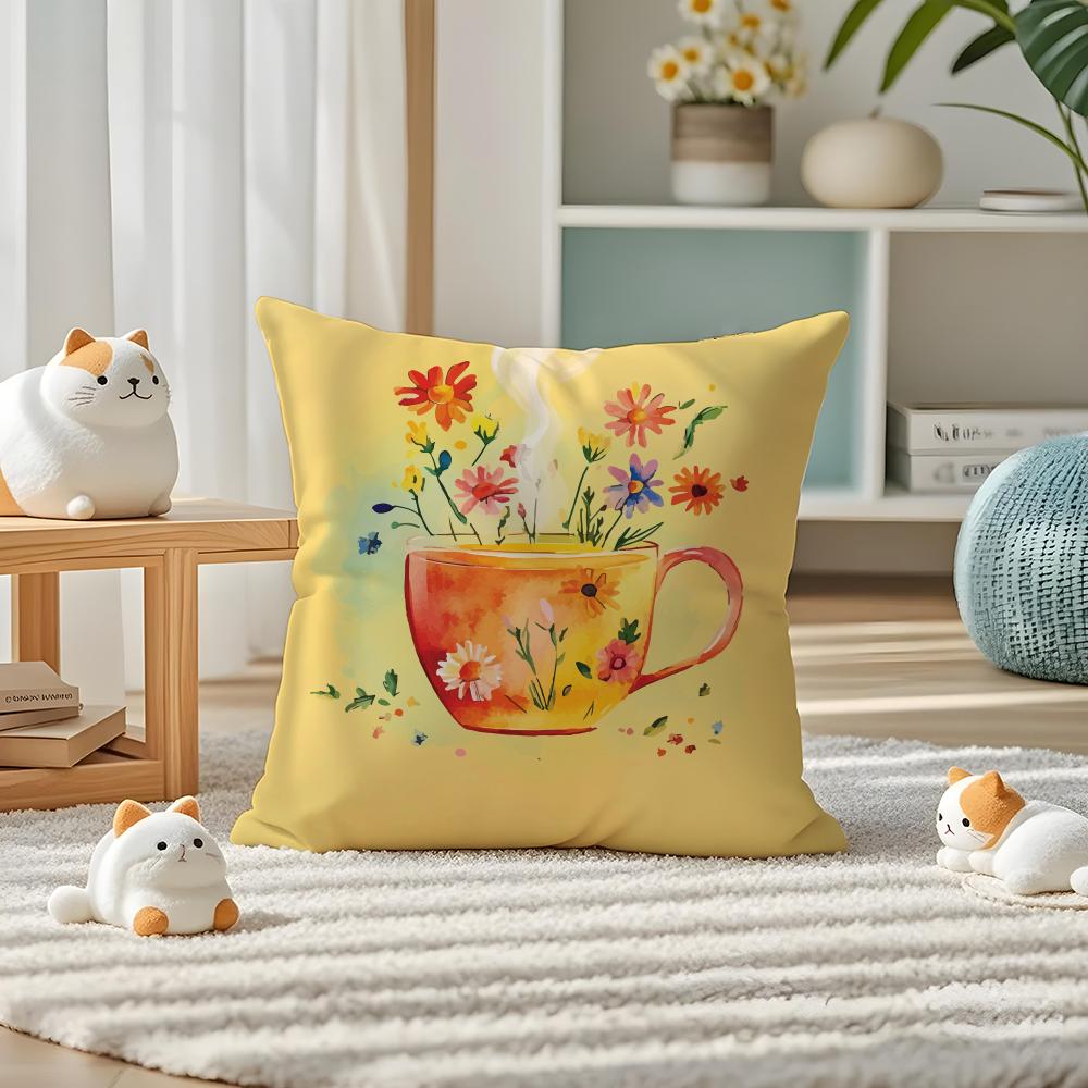 Painting Cup of Flowers Pillow Case Silky Elegant Comfort Sofa Bed Invisible Zipper