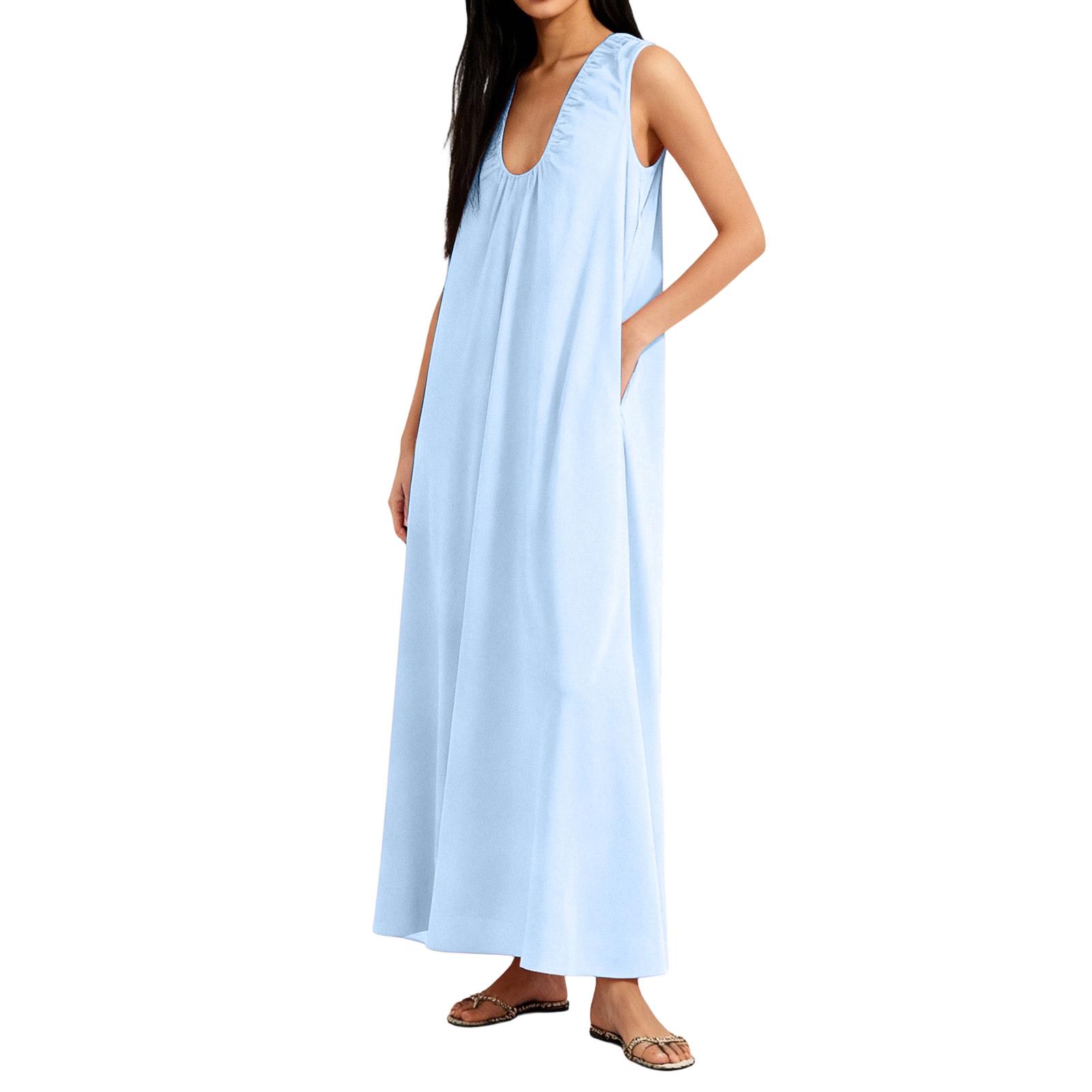 Ladies  Fashionable Wide Shoulder Strap Pleated V-neck Sleeveless Pullover Dress XXL