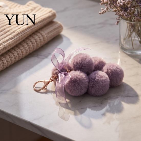 Grape Plushie Charm Plush Keychain for Handbags, Fuzzy Cluster Bag with Bow Bow, Decorative Fluffy Ball Keyring Backpacks and Purses Fruit