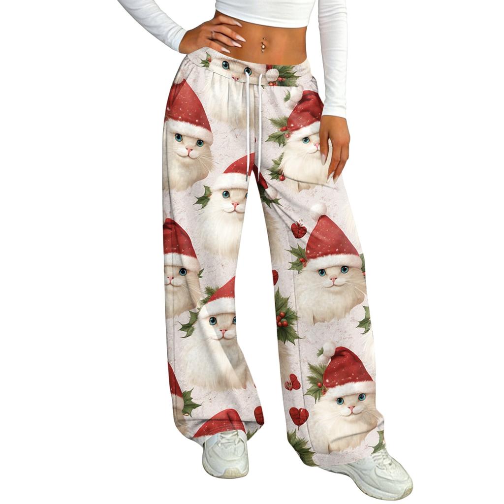 Women's Casual Christmas Print -Lined Loose Fit Straight Leg Pants with and Elastic Waistband