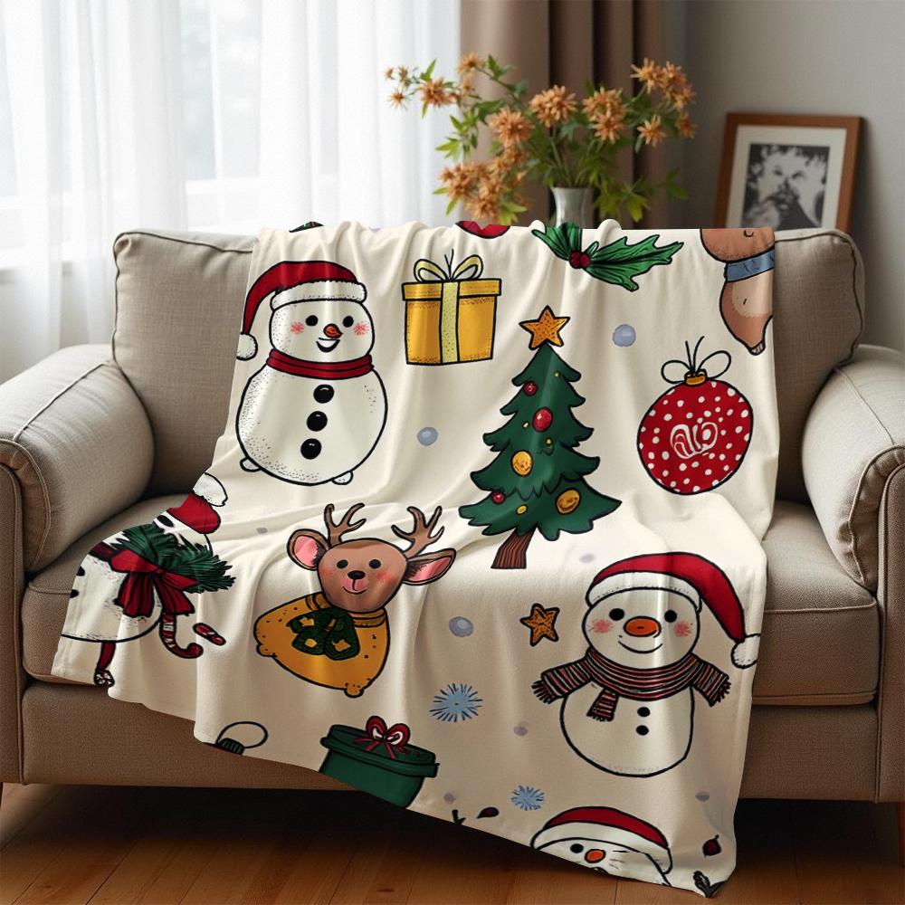 Cartoon Xmas Deer Snowman Soft Flannel Blanket Breathable Warm Throw for Office Car Sofa Kids Room Birthday Xmas Gift