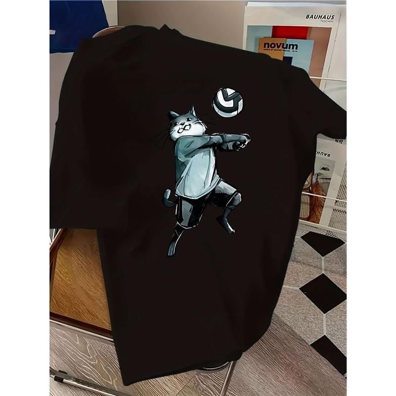 European sizes Cat Volleyball Print Casual Fashion Short Sleeve T-Shirt - New Summer Clothing Children