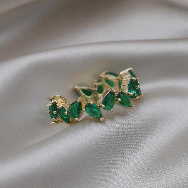 14K Prawdziwe Złocenie Korea Nowa Moda Biżuteria Wykwintne Zielone Cyrkonowe Pszenica Ucho Liść Pierścienie Eleganckie Damskie Otwarte Pierścienie Imprezowe