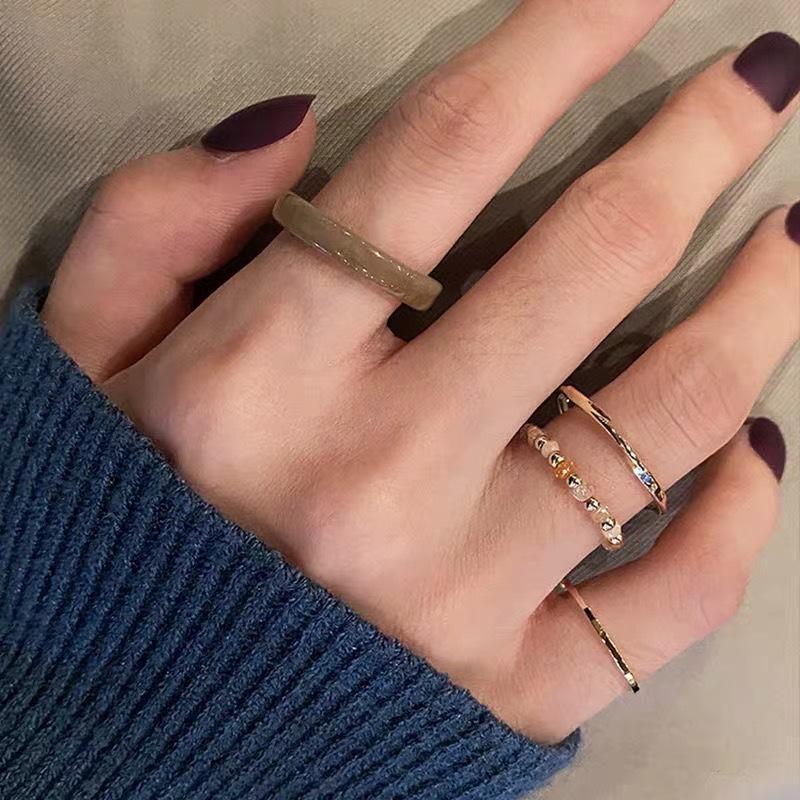 Korean Retro Rice Bead Acrylic Crystal Four-Piece Ring Set