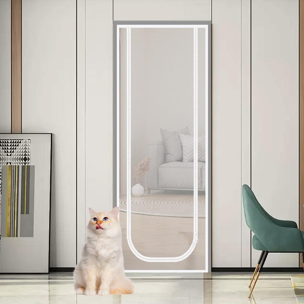 Reinforced Mesh Screen Zipper Closure Keep Pet Cat In&Out Door Curtain Anti-mosquito for Living Room Bedroom Kitchen
