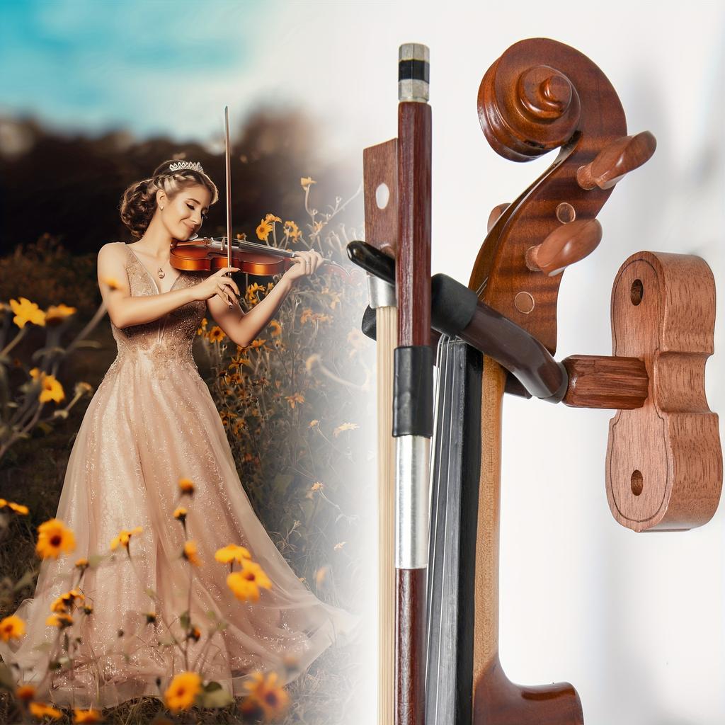 Traditional Wooden Violin Wall Mount Hanger with Bow Holder - Polished Finish, Easy Installation, Sturdy Hardwood Wall-Mounted Rack for Violins